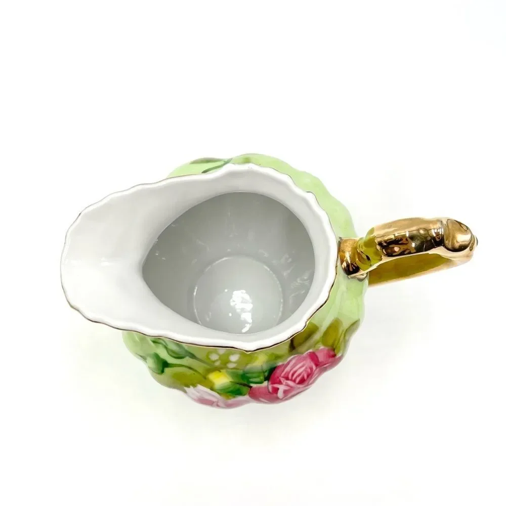 Vintage Lefton Green Heritage Roses Gold Trim Small Pitcher 4172‎ Hand Painted